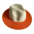 Two-tone straw fedora hat detail with cream crown and orange wide brim for summer beach. - M (56-58cm) / Rice & Orange