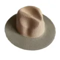 Detailed view of two-tone straw fedora hat, classic summer sun beach hat with wide brim. - M (56-58cm) / Pink + Gray