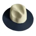 Stylish two-tone straw Panama hat with beige crown and navy brim for summer sun protection. - M (56-58cm) / Off-white + Navy Blue