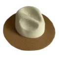 Two-tone straw hat detail view, white crown and brown wide brim panama sun hat for women. - M (56-58cm) / Beige + Khaki