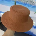 Chapeau de paille femme ete plat chapeau canotier plage chapeau soleil marron fedora tisse - M (56-58cm) / Couleur caramel