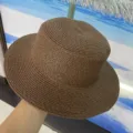 Femme chapeau de paille marron plat soleil plage vacances été tissé pare-soleil couvre-chef - M (56-58cm) / Café