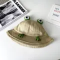 Cute cartoon frog bucket hat for women, casual canvas sun protection hat in khaki color. - M (56-58cm) / Khaki Frog