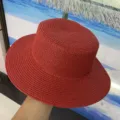 Chapeau de paille rouge femme chapeau plat été plage chapeau de soleil vacances tissé - M (56-58cm) / Rouge