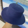 Femme été chapeau de paille bleu marine haut plat large bord chapeau de soleil plage - M (56-58cm) / Bleu marine
