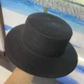 Chapeau de paille noir à calotte plate pour femme, chapeau de soleil de plage d'été, élégant. - M (56-58cm) / Noir