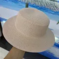 Chapeau de paille d'été pour femme chapeau plat de plage vacances style tissé élégant - M (56-58cm) / Rose Clair
