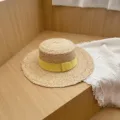 Raffia flat top straw hat with yellow ribbon wide brim summer sun protection beach hat - M (56-58cm) / Yellow