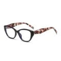 Classic black cat eye glasses featuring stylish tortoiseshell temples for daily fashion wear. - Black Frame Floral Temples Clear Lens