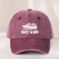 Vintage washed baseball cap with custom boat graphic and stylish typography for outdoor wear. - Adjustable / Burgundy