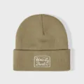 Khaki gebreide muts met witte geborduurde patch, gedetailleerd overzicht van de warme muts. - Verstelbaar / Kaki