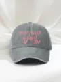 Detailed view of the grey washed cotton baseball cap featuring pink embroidered slogan and anchor. - Adjustable / Gray