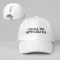 White ponytail baseball cap with embroidered slogan, adjustable metal buckle for outdoor wear. - Adjustable / White