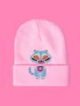Berretto in maglia rosa con dettaglio grafico di tigre dei cartoni animati blu per esterni. - Taglia unica / Rosso