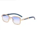Gafas de sol cuadradas de lujo con diamantes de imitación y patillas de madera vintage. - Montura Dorada Lentes Azules