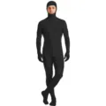 Detailweergave van het zwarte full body zentai pak met open gezicht en rekbare stof. - Kinderen 150 / Zwart
