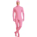 Close-up detail view of the pink full body zentai suit, showing stretch fabric and fit. - Full Face Zentai Bodysuit-Pink