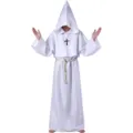Medieval monk robe costume with pointed hood and cross necklace for Halloween party. - Adult S / White
