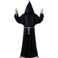Black medieval monk robe costume with hood and rope belt for Halloween cosplay events. - Adult S / Black