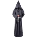 Medieval monk robe costume with hooded cloak, rope belt, and cross for Halloween cosplay. - Adult S / Gray