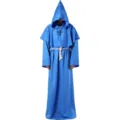 Medieval blue monk robe cosplay costume with hood cross necklace for Halloween party event. - Blue
