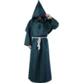 Medieval monk robe cosplay costume with hood cross necklace for Halloween party performance - Green