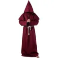 Medieval monk robe costume with hood and cross necklace for Halloween party role play cosplay. - Burgundy