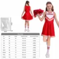 Set costume da cheerleader rosso per bambini con pompon calzini e tabella delle taglie completa. - Rosso + Fiori da Mano + Calzini