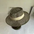Detailed view of the black and beige woven fedora sun hat, stylish summer beach hat. - M (56-58cm) / Black