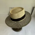 Woven flat top straw hat with black ribbon band, summer vintage sun protection beach boater hat. - M (56-58cm) / Black + Apricot