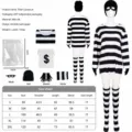 Thief cosplay costume set with black white striped long sleeve top, mask, hat and socks. - Adult S / Black & White Stripes