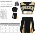 Black cheerleading uniform set with top, skirt and pom poms for women dance performance. - Black