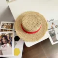 Sombrero de paja de rafia mujer verano proteccion solar plano borde deshilachado - M (56-58cm) / Rafia Calada Cinta Triple Pliegue - Rojo