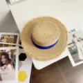Mujer Verano Sombrero Paja Tapa Plana Cinta Azul Fleco Playa Sol Sombrero Chic - M (56-58cm) / Rafia Calada Cinta Triple Pliegue - Azul