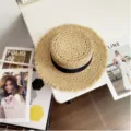 Sombrero de paja mujer verano calado rafia borde deshilachado playa sombrero sol plano - M (56-58cm) / Rafia Calada Cinta Triple Pliegue - Negro