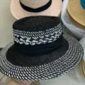 Women black white woven straw hat summer retro British flat top fedora beach sun hat chic - M (56-58cm) / Mixed Black