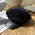 Schwarze Wolle Lederkrempe Baret Schiebermütze Damen Herbst Winter retro achteckige Mütze. - M (56-58cm) / Schwarz