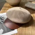 Wolle Lederkrempe Baret Herbst Winter vintage warme achteckige Mütze stilvolle Bakerboy Mütze Damen - M (56-58cm) / Khaki