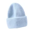 Bonnet d'hiver en tricot bleu clair, bonnet chaud doux et duveteux côtelé pour femme. - Taille unique / Bleu clair