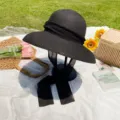 Chapeau de paille noir a larges bords avec ruban, chapeau de soleil elegant de plage. - M (56-58cm) / Noir