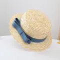 Summer flat top straw hat with blue denim bow, stylish beach sun protection boater hat for women. - 50-52cm (Recommended 2-6 Years) / Light Blue