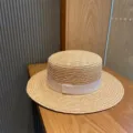 Japanese style flat top straw hat with white ribbon, summer beach sun protection hat for women. - M (56-58cm) / White Medium Brim