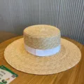 Japanese flat top straw hat with white ribbon, wide brim summer sun beach hat for women. - M (56-58cm) / White Large Brim