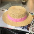 Retro British flat top straw hat with pink ribbon, stylish summer beach sun hat for women. - M (56-58cm) / Pink
