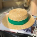 Women retro flat top straw hat with green ribbon summer beach sun protection fedora hat - M (56-58cm) / Green