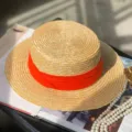 Straw boater hat with orange ribbon, retro flat-top summer sun protection beach hat style - M (56-58cm) / Red