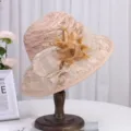 Elegant lace sun hat for women, vintage mesh floral fedora hat for summer beach travel. - M(56-58cm) Foldable / Regular Flower Lace Style / Khaki