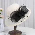 Elegant lace sun hat for women, french style wide brim beach hat with black mesh bow and floral decor. - M(56-58cm) Foldable / Regular Flower Lace Style / Black Trim Beige