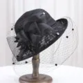 Chapeau de soleil en filet vintage français noir femme élégante fleur dentelle détail. - M (56-58cm) / Chapeau en Maille Demi-Roulé à Fleurs en Strass / Noir