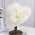 Elegant women lace sun hat detail view, floral mesh bow beach cap for summer outdoor travel. - M(56-58cm) Foldable / Regular Flower Lace Style / Beige